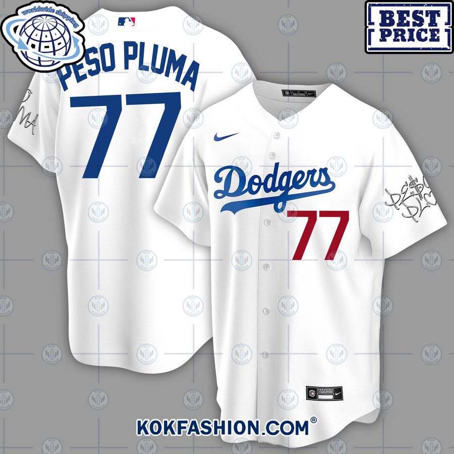 Peso Pluma 77 Los Angeles Dodgers Baseball Jersey -   Worldwide Shipping
